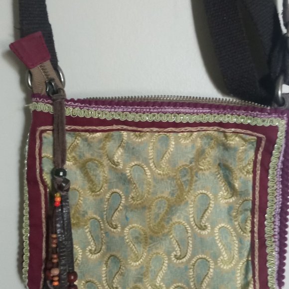 American Eagle Outfitters Handcrafted Bag Beaded Tassels Canvas Strap Zip Close - Picture 3 of 5